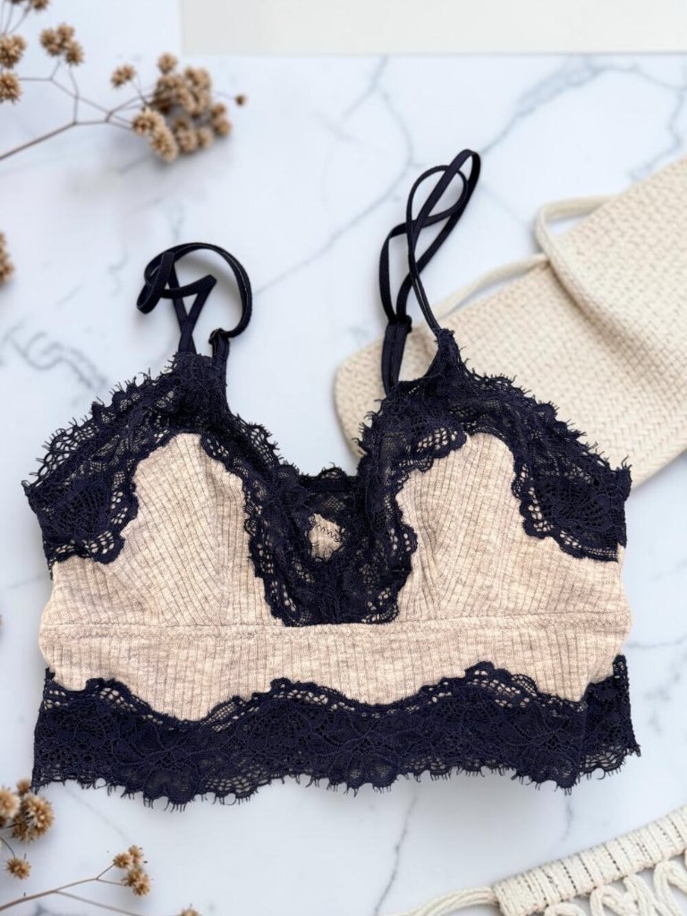 Aerie Lace Bralette Top Size XS Gray Ribbed Blue Lace Trim